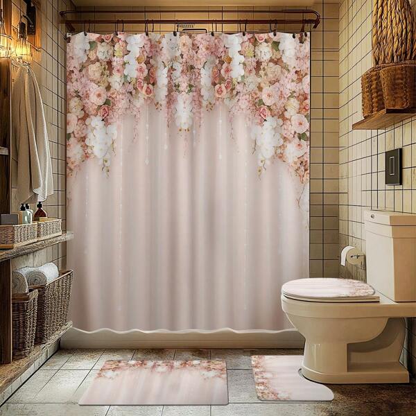 1/4 Pcs Romantic Floral Bathroom Shower Curtain Set, Including Bath Mat, U-Shape Toilet Lid Cover, Toilet Tank Cover, Waterproof Shower Curtain, Modern Style Bathroom Partition Curtain, Hanging Hooks Without Drilling, Polyester, Machine Washable Back To School