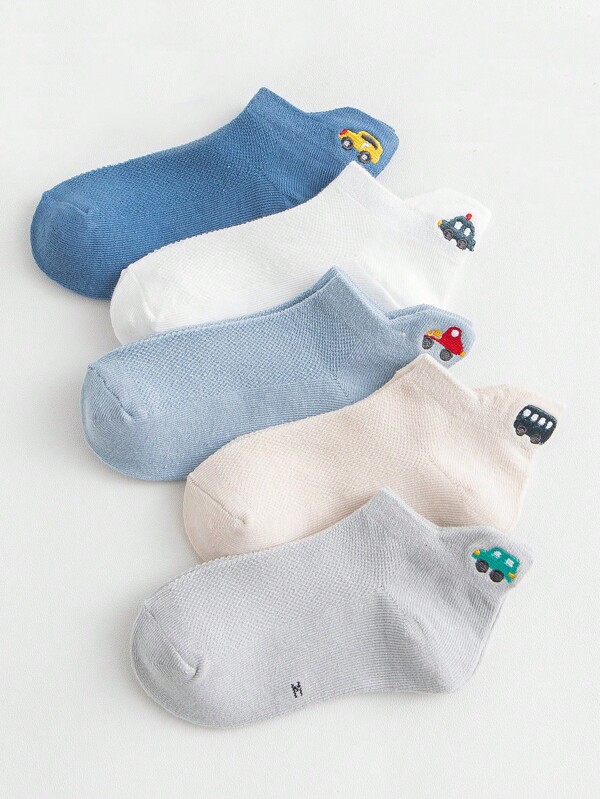 5 Pairs Random Color Embroidered Car Design Ankle Socks