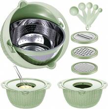 4-1 Strainer Bowl With Lid Set - Strainers And Colanders - Colanders For Kitchen - Food Strainer With Graters & Spoons - Fruit Washing Bowl With Strainer Pasta Rice Strainer For Veggie Wash Green - 青檸色 - 查看 8