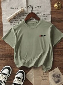 Tween Boys Students Casual Printed Rundringad Kortärmad T-shirt, Sommartopp - Olivgrön - Visa 4