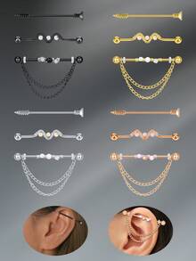 CIZME 3入組14g不鏽鋼工業型材耳環、耳廓穿刺珠寶,32mm、35mm、38mm工業型材杆,黑色/銀色/黃金/玫瑰金色 - 彩色 - 查看 6