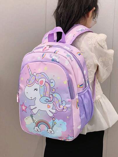 1 pieza Mochila linda de cierre de cremallera de nilón con diseño de unicornio de dibujos animados para niñas, adecuada para uso diario