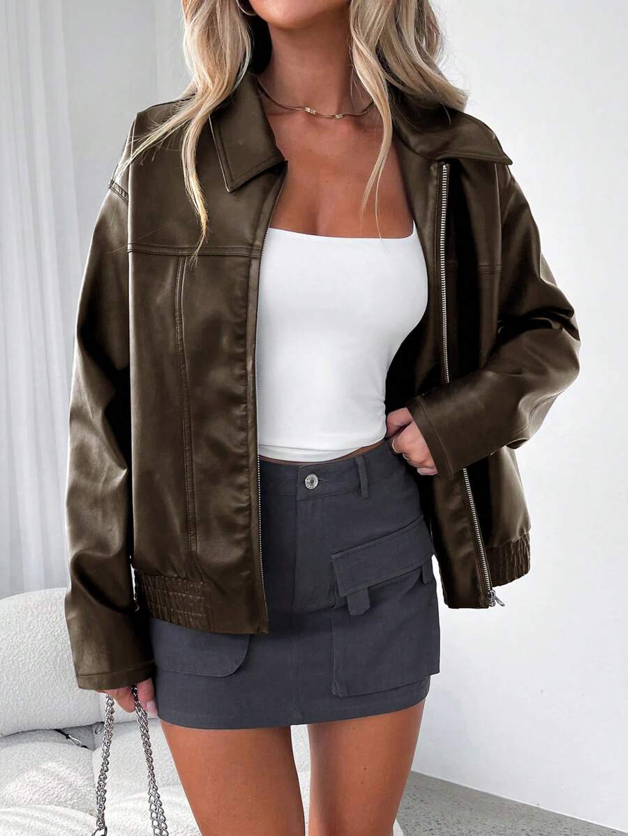 女士休闲宽松拉链 PU 夹克，秋冬外套，女士日常穿着，非常适合返校 - 黑棕色 - 查看 1