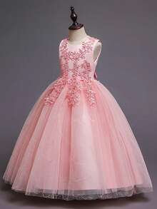 Flower Girls Tulle Lace Princess Pageant Festival Bridesmaid Carnival Floor Long Prom Dance Formal Evening Maxi Dresses - 珊瑚粉 - 查看 4
