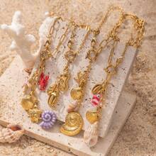 1/Pc Summer Sea Crab Conch Fish Statement Stainless Steel 18K Gold Plated Pendant Ocean Series Necklace For Women