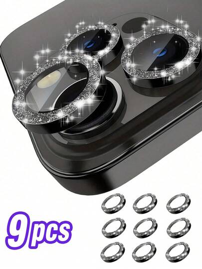 BOLLYMORE 9pcs Black Metallic Ring Camera Lens Protector Film For 17 Pro Max / 17 Pro / 17e / 17 / 16 Pro Max / 16 Pro / 16E / 15 Pro Max / 15 Pro / 14 Pro / 13: 9H Scratch-Resistant Tempered Glass - Compatible With Phone Case Design, Anti-Fingerprint Coating, Luxury Aesthetic, Enhanced Night Photography (Bubble-Free Set, Compatible With Flash, High Definition Clarity)