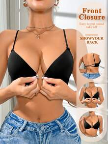 EMUPER 黑色单件式前扣交叉肩带细肩带软杯提拉支撑女士文胸 - 黑色 - 查看 4