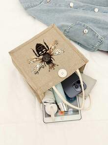 女士多功能皇冠蜜蜂王图案手提包套装，含化妆收纳袋、红色气垫指甲油收纳袋、零钱包，适合婚礼、生日、海滩和节日，亚麻手提包，教师节礼品袋 - 彩色 - 查看 2