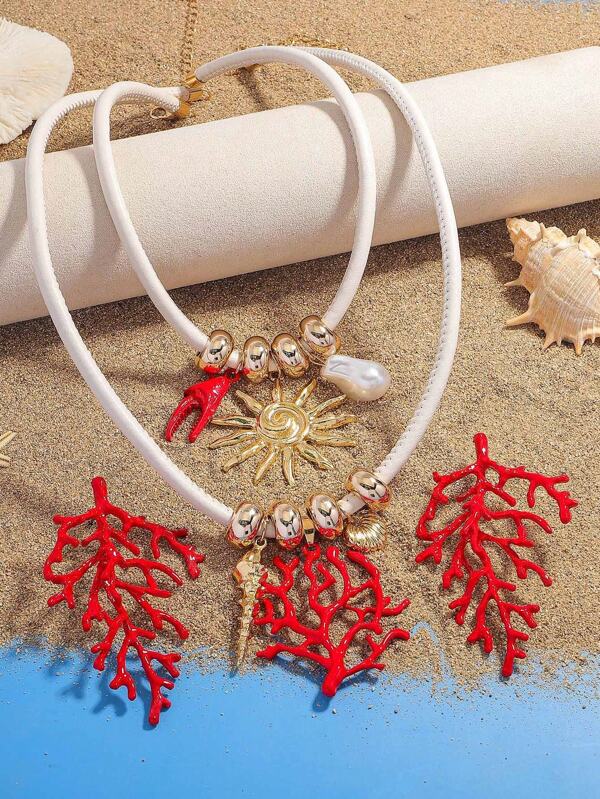 1 Set Of 4pcs Sun & Shell Faux Pearl Crab Claw Pendant Necklace & Earrings Set, Coral Shaped Pendant Necklace And Earrings, Suitable For Women Beach Holiday And Daily Wear (Pendant Design Is Random)