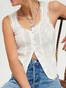 Boho Lace Sheer Corset Cami Tops For Women Y2k Button Down Backless Cropped Tank Tops Beach Vacation Vest Tops Summer Floral Sleeveless Beach Blouse - 白色 - 查看 5