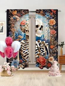 2 件骷髅图案半遮光窗帘，数码印花涤纶，带杆套，可水洗，适用于客厅、卧室、厨房、墙面装饰，四季皆宜 - 彩色 - 查看 4