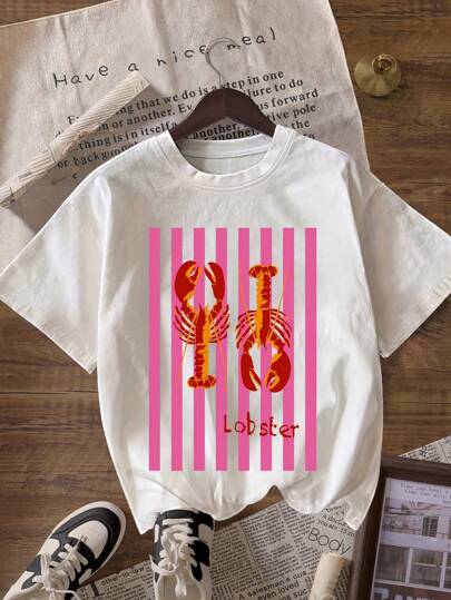 Camiseta feminina casual com estampa gráfica de lagosta, gola redonda e manga curta, verão