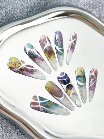 10 unghie finte extra-lunghe da 45 mm, in stile francese, a punta, realizzate a mano, con decorazioni artistiche dipinte a mano e effetto ombré, con design a colori, coprenti, fai-da-te, con glitter, in confezione da 10 pezzi