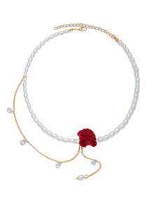 1pc Elegant Faux Pearl, Cubic Zirconia Flower & Bow Design Necklace, Suitable For Women's Daily Wear, Weddings, Engagements, Parties, Gift