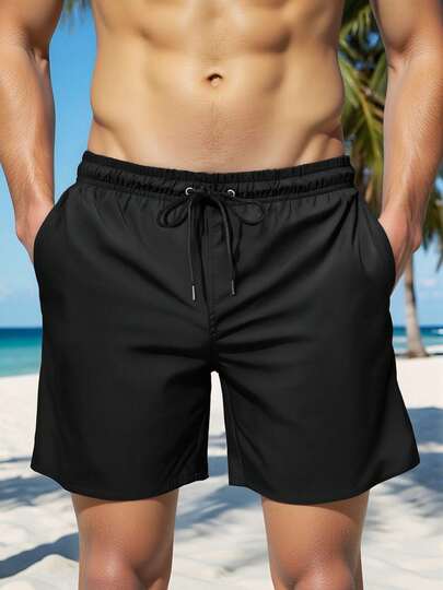 Men's Solid Color Drawstring Waist Pocket Casual Beach Shorts