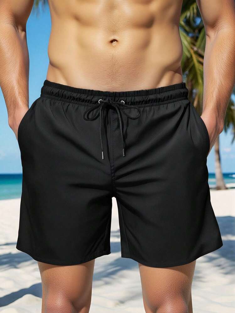 Men's Solid Color Drawstring Waist Pocket Casual Beach Shorts - Black - View 1