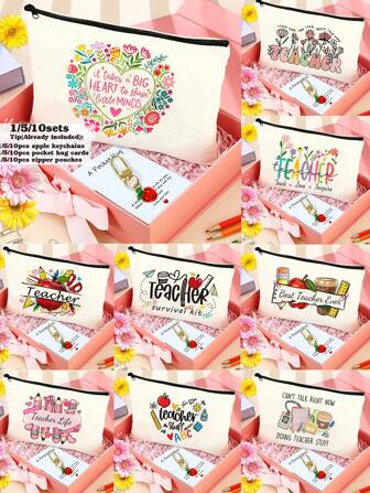 1/5/10 Juegos de Bolsas Cosméticas con Diseño de Estampado de Letras Temática de Maestro con Llavero de Tarjeta y Manzana, Juego de Accesorios de Regalo, Estuche de Aseo y Maquillaje Portátil de Viaje