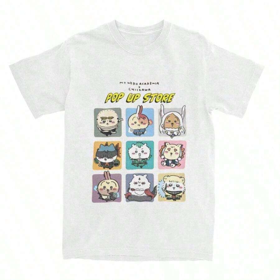 Anime ChiikawaS T-Shirt Summer Japan Mniniso Y2K Basic T-Shirts Cotton TRENDSSy Cool Tee Shirt For Men's Short Sleeve Loose Tees - 白色 - 查看 1