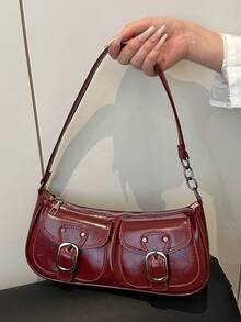 SHEIN BAE 复古百搭皮革装饰拉链吊带腋下法棍包，新款纯色PU皮革女士小手提包 - 紅色 - 查看 1