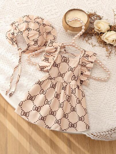 PETSIN Cute Cat & Dog Allover Print Hooded Jumper Dress With Bow Decor