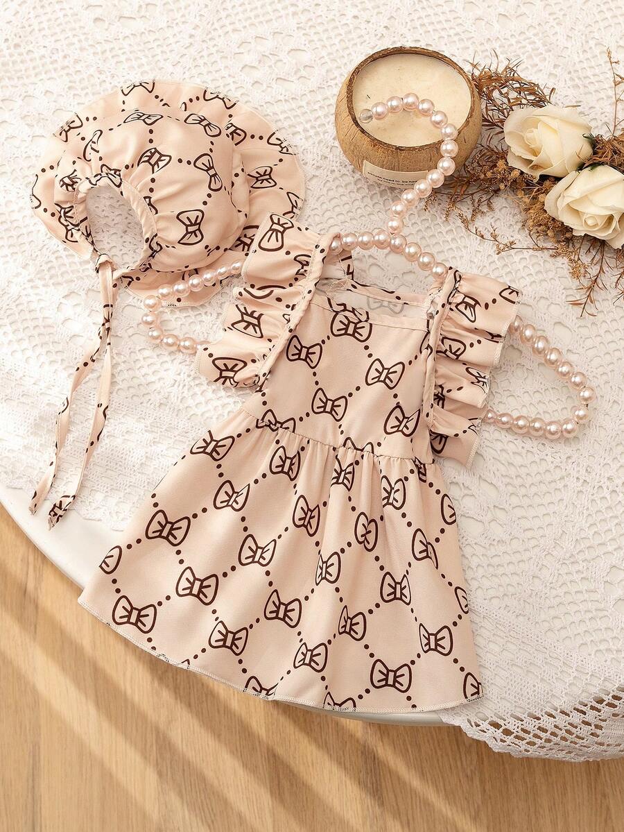 Cute Cat & Dog Allover Print Hooded Jumper Dress With Bow Decor - Apricot - View 1