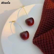 Ahania Red Cherry Earrings Fruit Pendant Long Cherry Earring With Gold Pin Cute Women's Jewelry - 酒紅色 - 查看 6