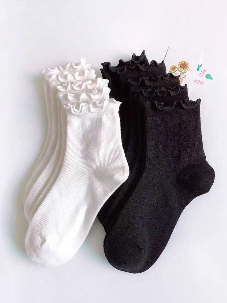 10 Pairs Women's White Frill Trimmed Casual Mid-Calf Socks, Women's Casual Crew Socks, Simple Comfort Breathable Sports Socks, Basketball Socks, Football Socks, Black Socks, White Socks, Couples' Socks, Moisture Wicking, Anti Bacterial, Anti Stink, Suitable For Business And Leisure, Outdoor Sports, Running, College Style,, Fall Socks - White - View 1