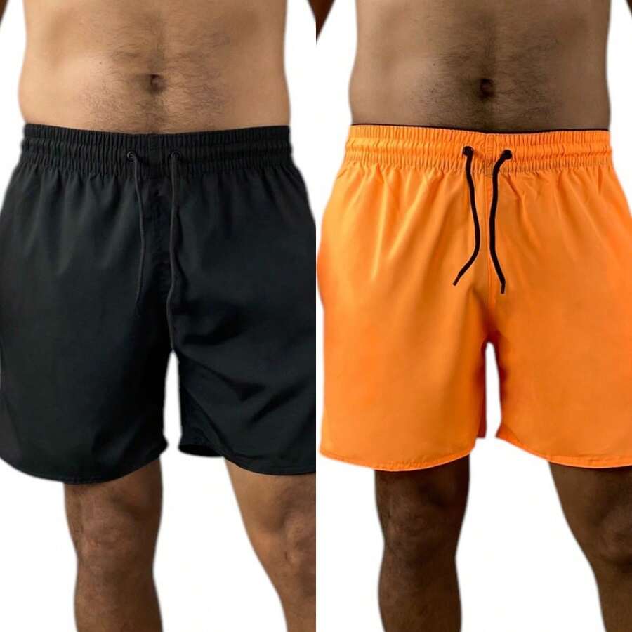 KIT 2 short bermudas masculino tactel com elastano praia academia esportes secagem rapido - Laranja - Visão 1