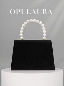 OpulAura 女士浪漫仿珍珠手提包，奢华天鹅绒晚宴手拿包，适合正式场合、派对/婚礼/约会/圣诞节/生日，带可拆卸链条 - 黑色 - 查看 5