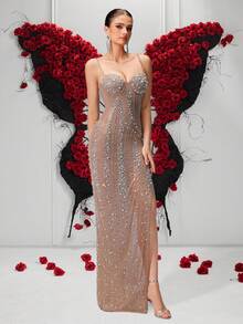 ADYCE Rhinestone Spaghetti Strap High Waisted Backless Slit Dress, Wedding Guest Dress, For Gala Party, Formal Dress, Evening Dress,Gown - Apricot - View 5