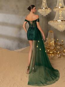 Luxury Off-Shoulder Beaded Evening Gown With Back Tied Closure & Asymmetric Flowing Train – Elegant Black-Tie Galas, Red Carpet Premieres, Luxury Weddings, High-Fashion Evenings, Formal Gala Dinners