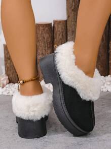 Bottes courtes en fourrure marron, design avec semelle épaisse et bordure de fourrure dégradée, talon plateforme épais, antidérapant, convient pour l'automne/l'hiver