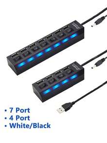 7 端口/4 端口 USB 2.0 集线器适配器带 LED 灯，独立电源开/关开关，适用于电脑、平板电脑、笔记本电脑 [仅支持数据传输，不支持充电] - 彩色 - 查看 2