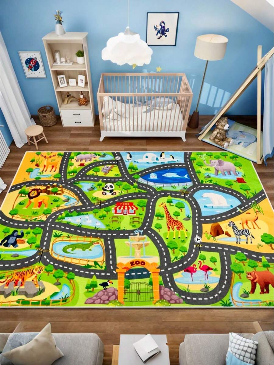 1pc NonSlip Animal Park Route Map Play Mat, Animal Carpet, Suitable