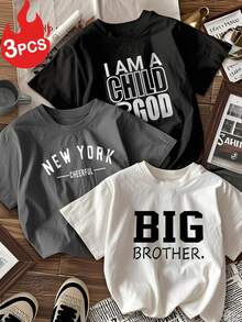 3 件套男孩和青少年学生休闲印花圆领短袖 T 恤，夏季上衣