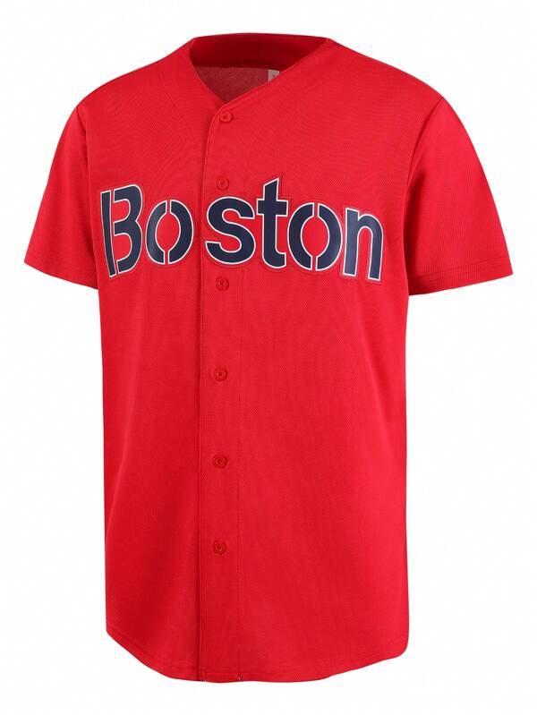 Atonmore Men's 34 Red Baseball Jersey Casual Sports Shirt Button Embroidered Training Match Sports Shirt