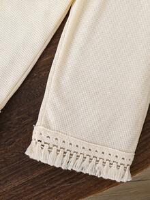 Tween Girls Floral Decor Fringe Hem Waffle Knit Sweatshirt And Ruffle Trim Straight Pants Set