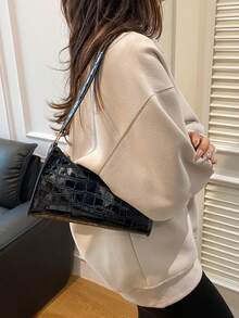 鳄鱼压纹韩版女士手提包，新款时尚单肩包，休闲简约通勤包，月牙造型 - 黑色 - 查看 8