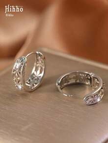 Hihho 1 Pair Vintage Style Hollow Geometric Round Brass Plated Zirconia Earrings With Purple Stones, Fashion Jewelry Gift For Women - Bạc - Xem 5