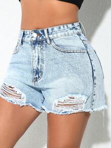 ICON Women'S Spring And Summer Slant Pocket Non Elastic Punch Washed Denim Shorts