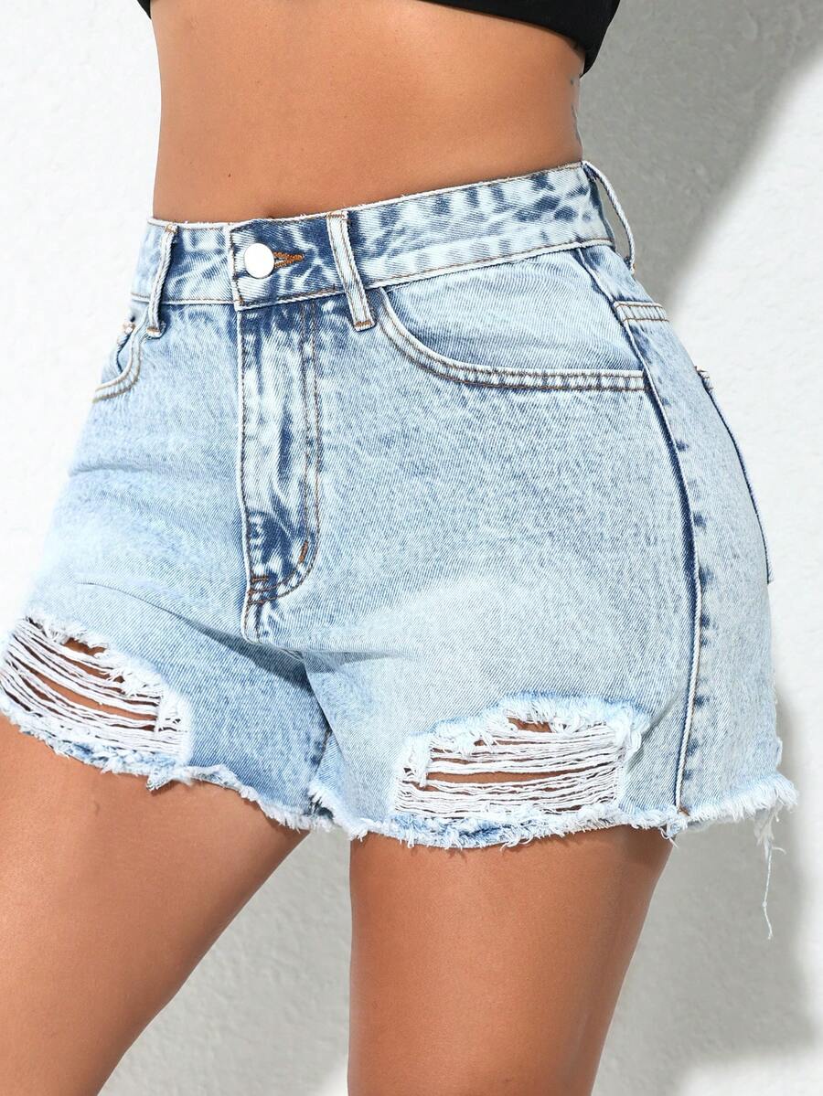 ICON Women'S Spring And Summer Slant Pocket Non Elastic Punch Washed Denim Shorts
