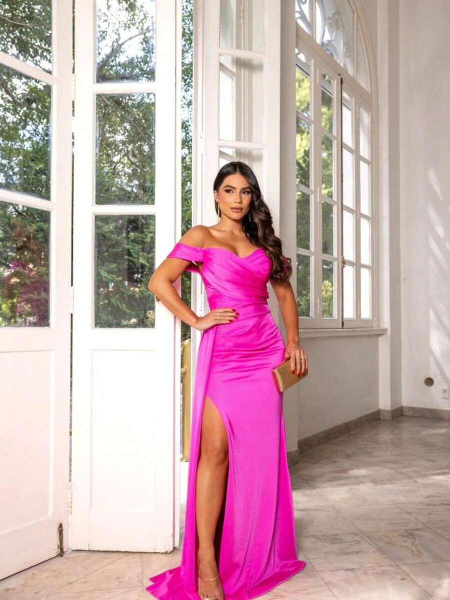 Simple Side Slit Ruffle Criss Cross Wedding - Rosa Fucsia - Ver 1