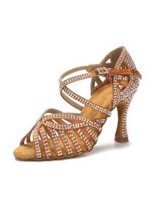 9cm Cuban Heel Latin Dance Shoes For Women, Ballroom Dance Shoes, Practice Training Stage Performance Rhinestone Party Heels