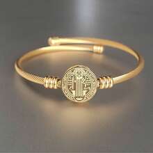 Pulseira Bracelete Luxo São Bento Ajustável Dourada Cabo de Aço Inoxidável 316L - Dourado - Visão 2