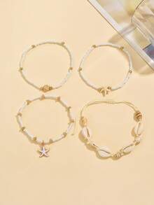 4pcs/Set Summer Ocean Style Handmade Shell & Bead Anklet, Fashion Minimalist Pearl Starfish Metal Shell Beaded Jewelry For Women, Suitable For Daily Outfit, Beach Travel, Dating - Multicolor - View 3