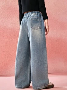 ASK JUNIOR 女童花卉印花阔腿牛仔裤 - 藍色 - 查看 5