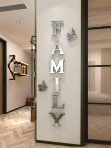 1 Set Of 8pcs Mirror Family Motto And Butterfly Combination Acrylic Wall Stickers, Water-Resistant Self-Adhesive For Kid Rooms