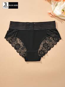 FOVTY 3pcs/Pack Solid Color Lace Trim Elastic Plus Size Women's Briefs - Multicolor - View 3