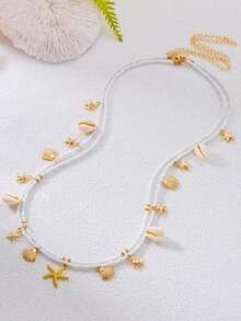 2pcs/Set Versatile Beach Starfish Shell & Pearl Waist Chain, Alloy Pendant Waist Chain, Ocean Style Waist Accessory, Summer Jewelry - Multicolor - View 2