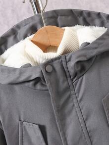 2pcs Tween Boys' Casual Fashionable Hooded Sweatshirt & Cargo Pants Set, Thermal Lined, Autumn/Winter - Grey - View 3